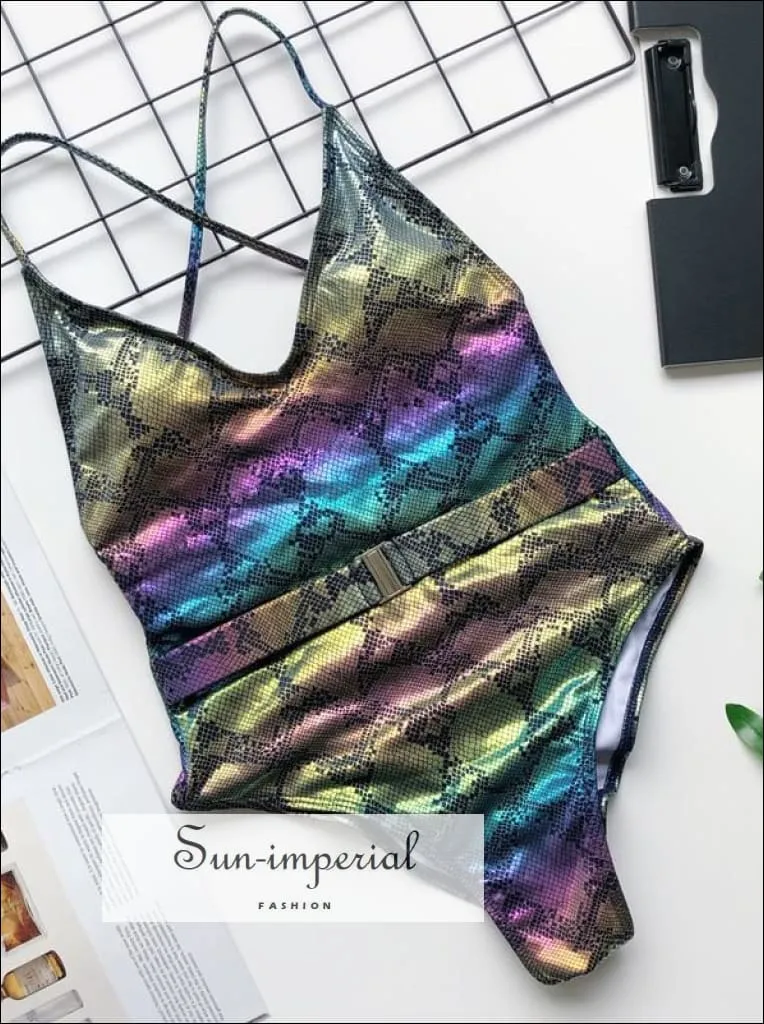 Back Corset Style One Piece Swimsuit with Chain Strap Detail and Buckle Belt Backless Swimsuit - Multi Colors