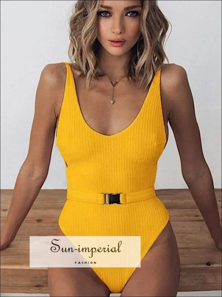 Back Corset Style One Piece Swimsuit with Chain Strap Detail and Buckle Belt Backless Swimsuit - Multi Colors