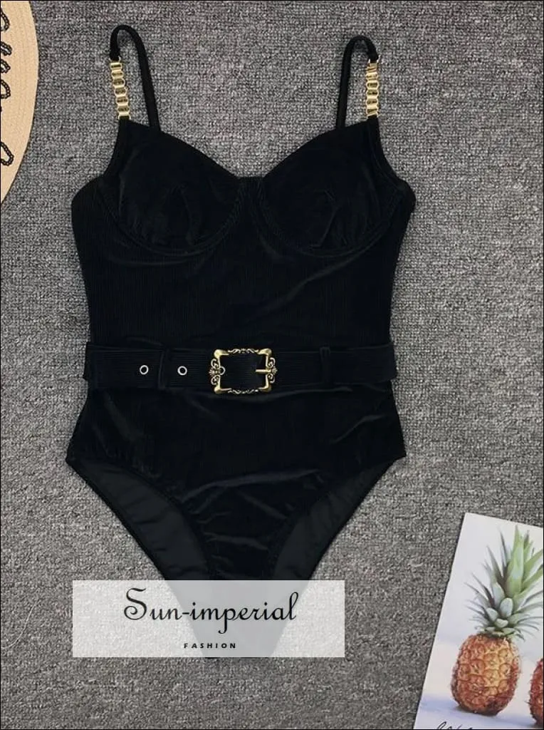 Back Corset Style One Piece Swimsuit with Chain Strap Detail and Buckle Belt Backless Swimsuit - Multi Colors