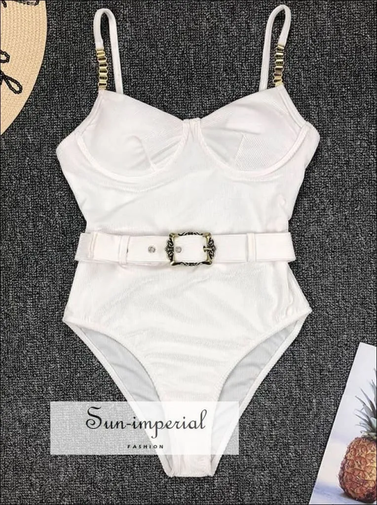 Back Corset Style One Piece Swimsuit with Chain Strap Detail and Buckle Belt Backless Swimsuit - Multi Colors