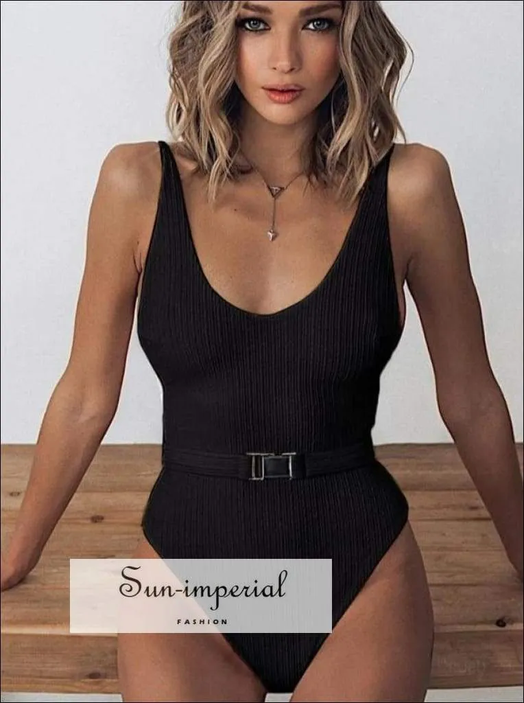 Back Corset Style One Piece Swimsuit with Chain Strap Detail and Buckle Belt Backless Swimsuit - Multi Colors