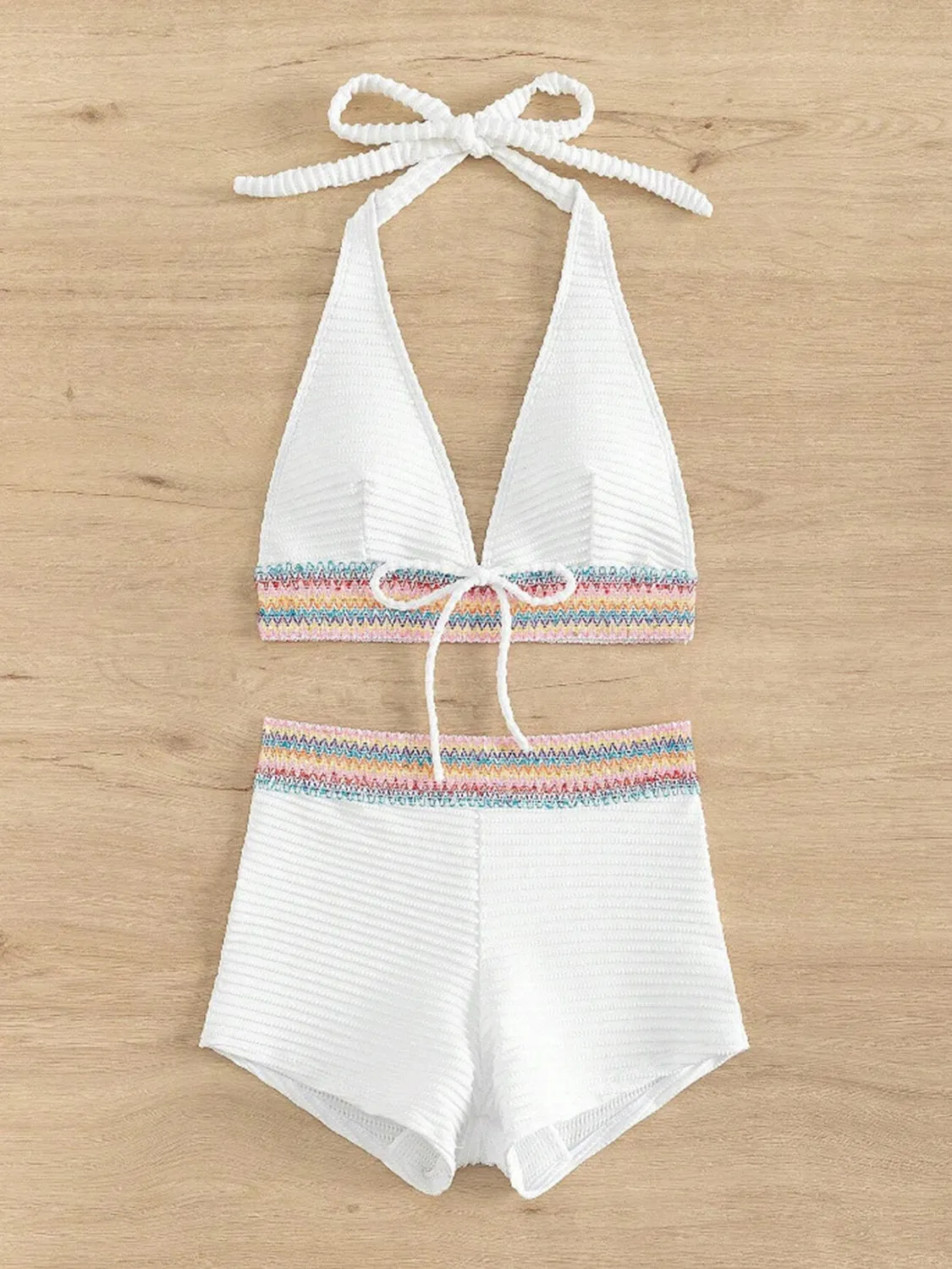 Backless Textured Halter Neck Two-Piece Swim Set