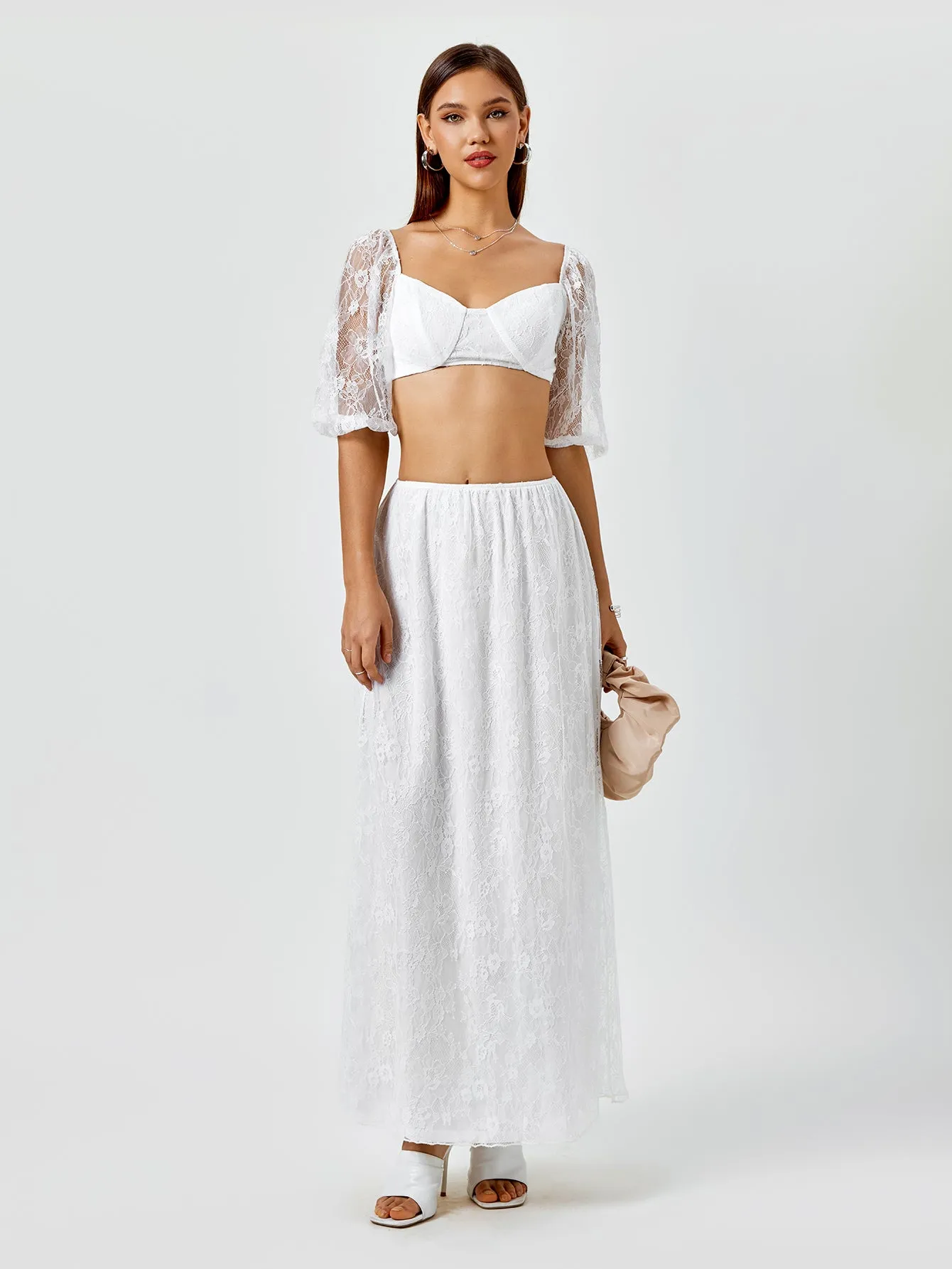 Backless Zipper Lace Crop Top&Lace A-Line Skirt