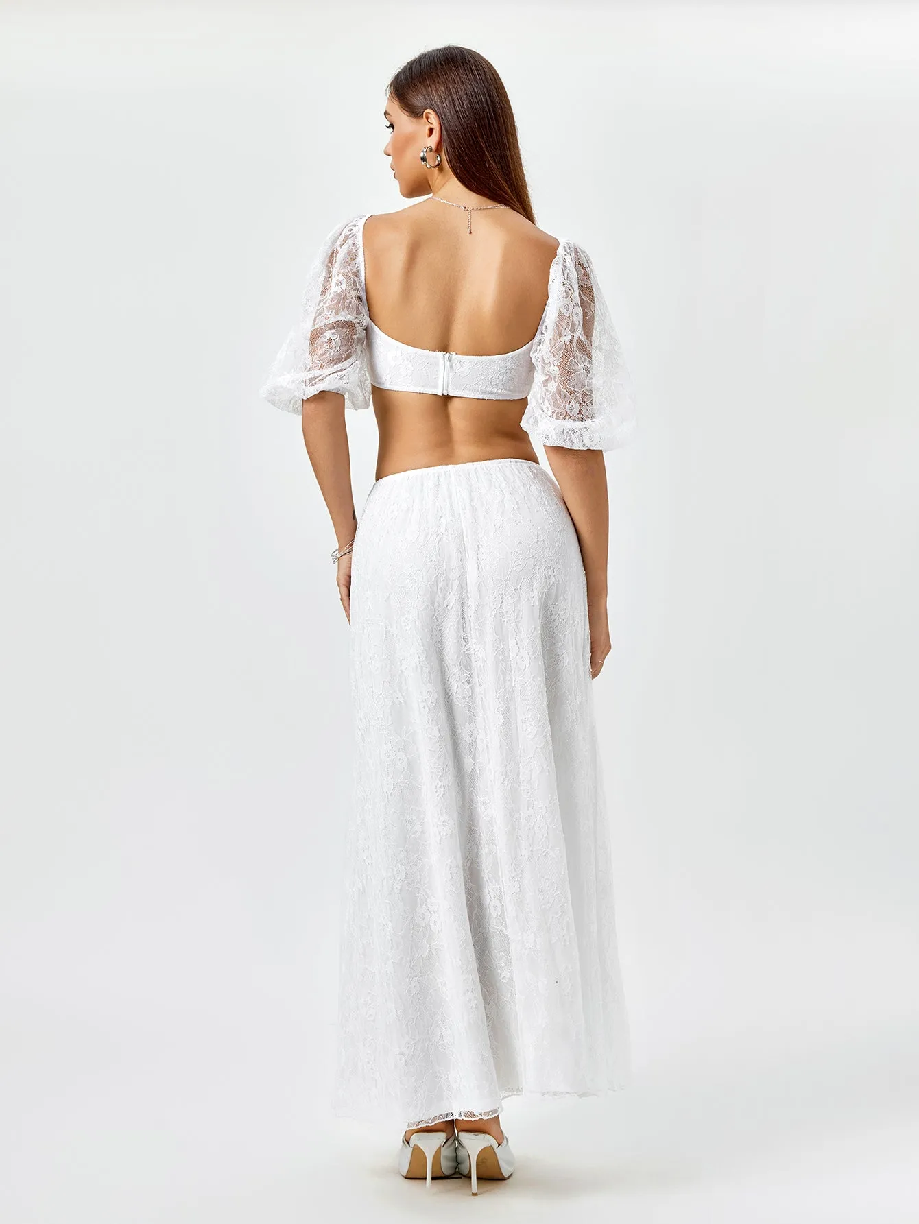 Backless Zipper Lace Crop Top&Lace A-Line Skirt