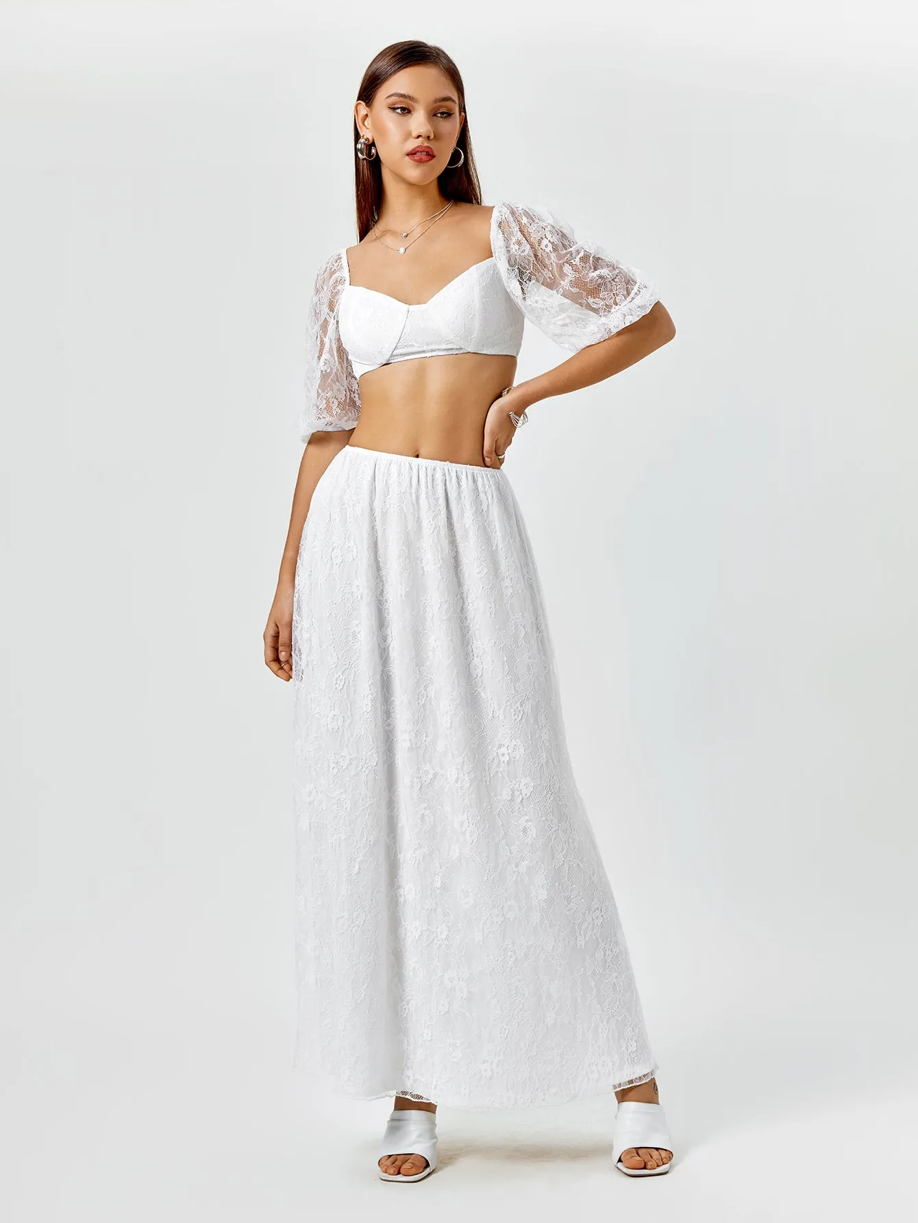 Backless Zipper Lace Crop Top&Lace A-Line Skirt