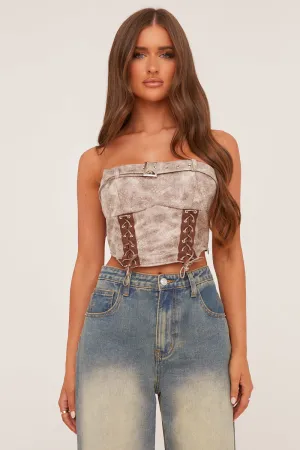 Beige Lace Up Corset Detail Cropped Top - Jovey