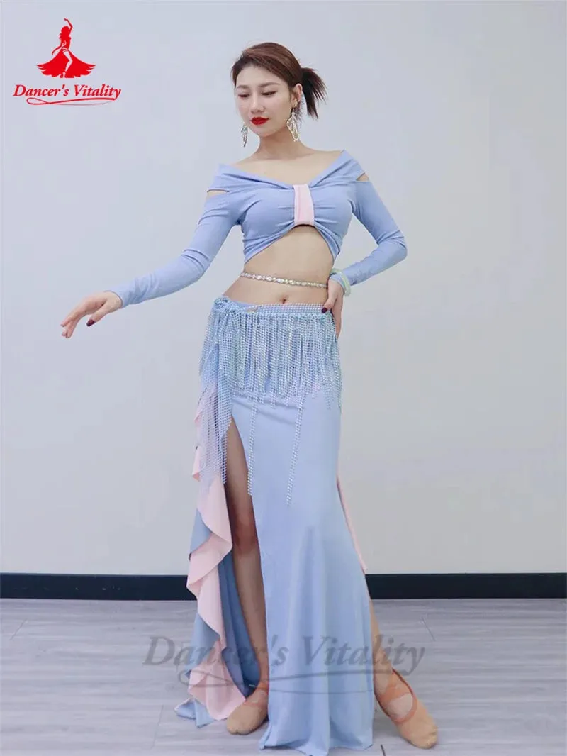 Belly Dance Training Suit Costumes for Women Winter Long Sleeves Top and Lotus Leaf Long Skirt Adult Belly Dancing Outfit