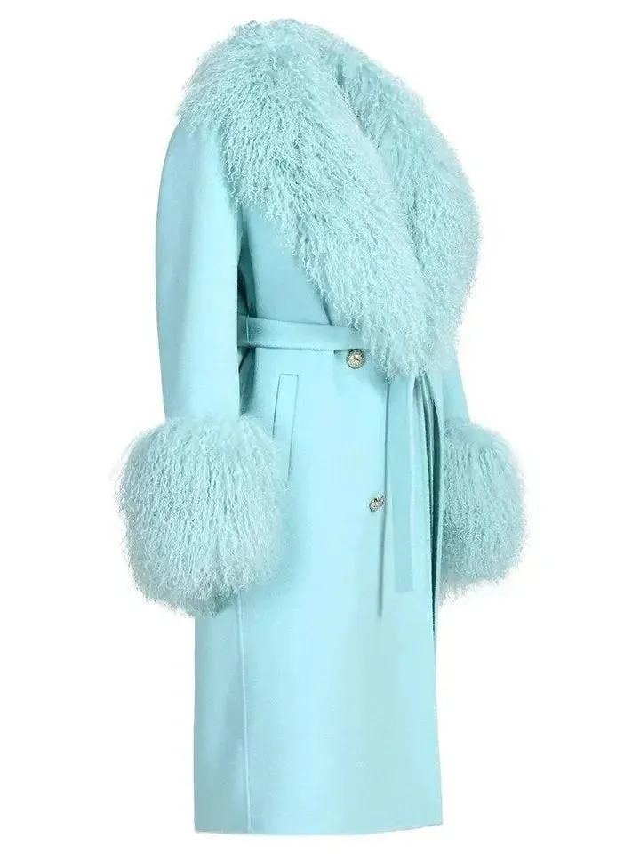 Belted Lambswool/Shearling Wool Cashmere Coat, Light Aqua Blue/Mint