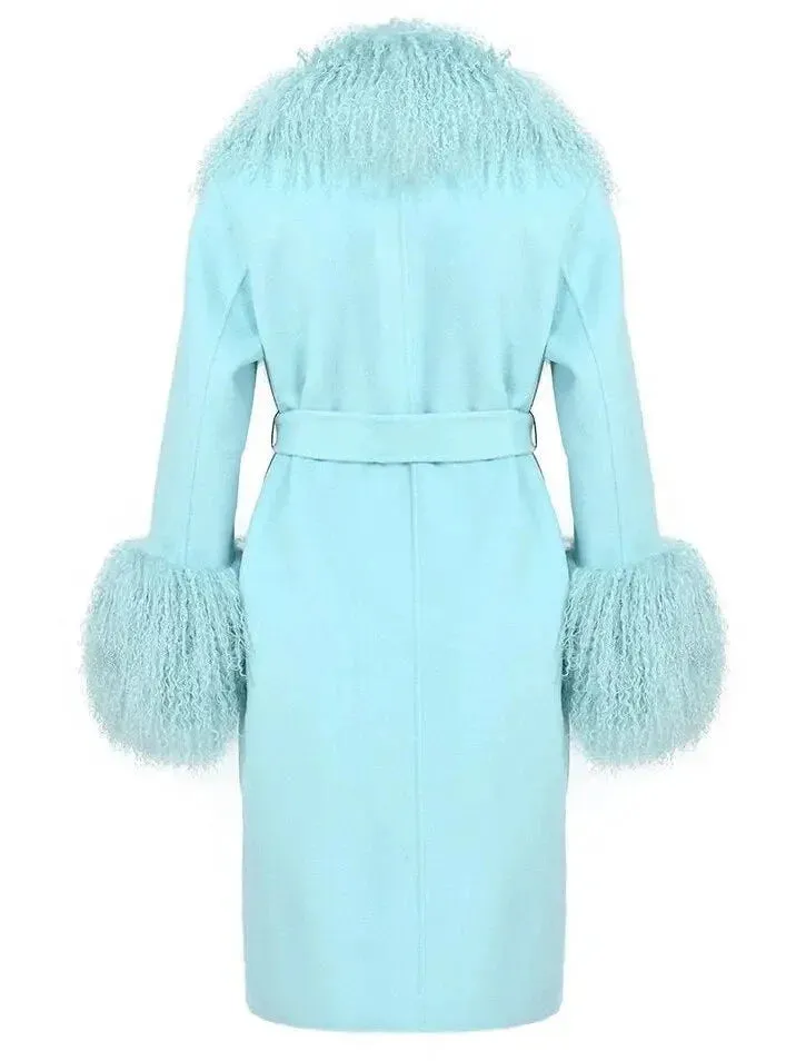 Belted Lambswool/Shearling Wool Cashmere Coat, Light Aqua Blue/Mint