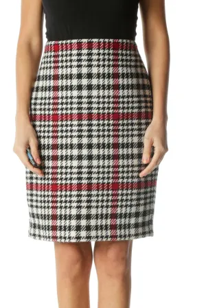 Black Burgundy and White Houndstooth Print Pencil Skirt