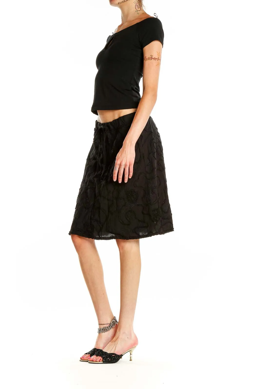 Black Floral Embroidered A-Line Skirt