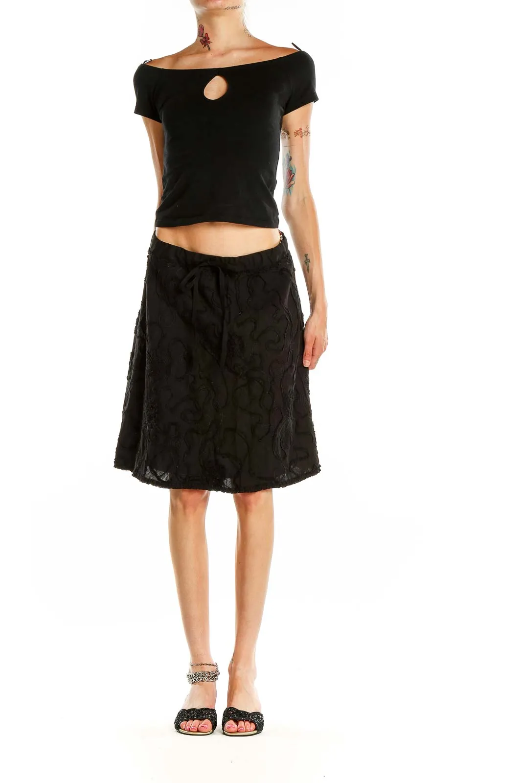 Black Floral Embroidered A-Line Skirt