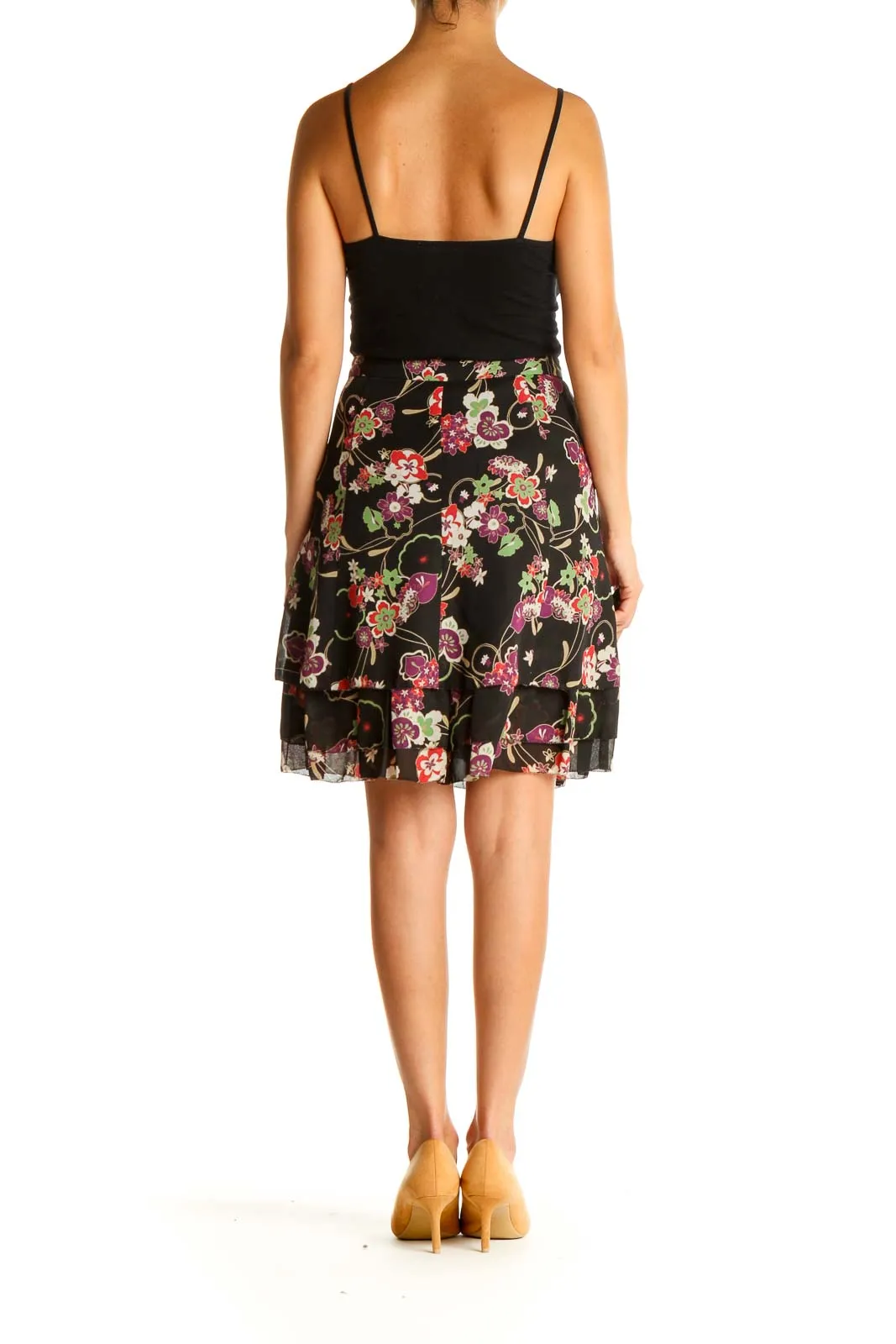 Black Floral Print Brunch A-Line Skirt