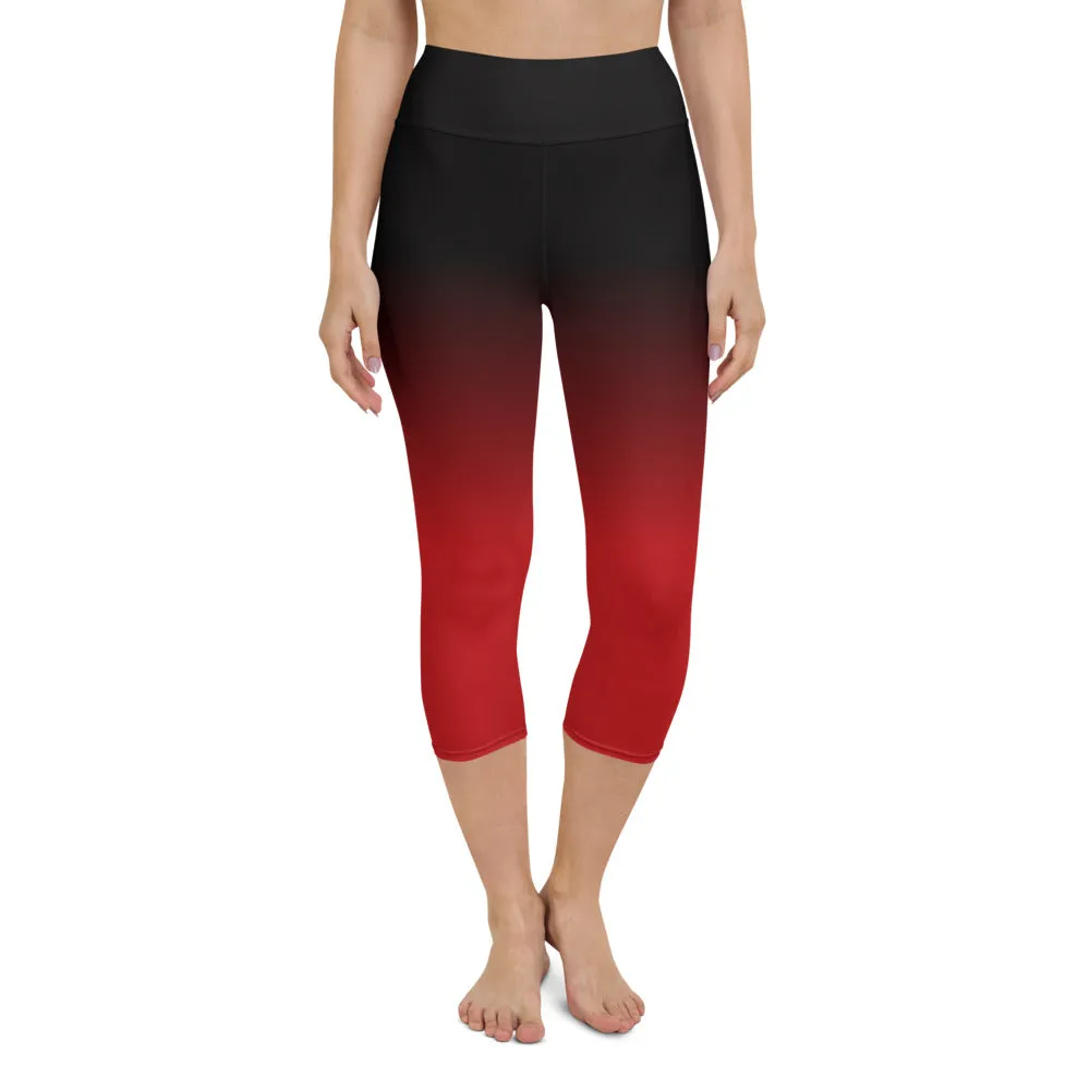 Black Red Ombre Yoga Capri Leggings Women, Tie Dye Cropped High Waisted Pants Printed Workout Fun Designer Tights Gift