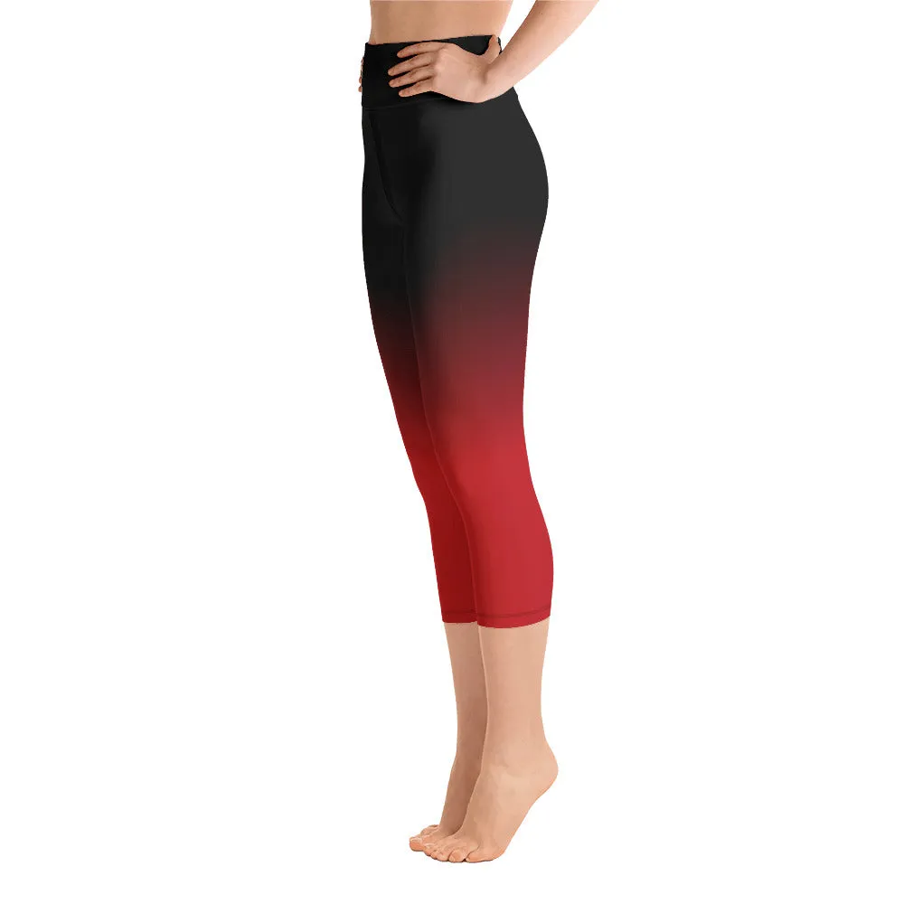 Black Red Ombre Yoga Capri Leggings Women, Tie Dye Cropped High Waisted Pants Printed Workout Fun Designer Tights Gift