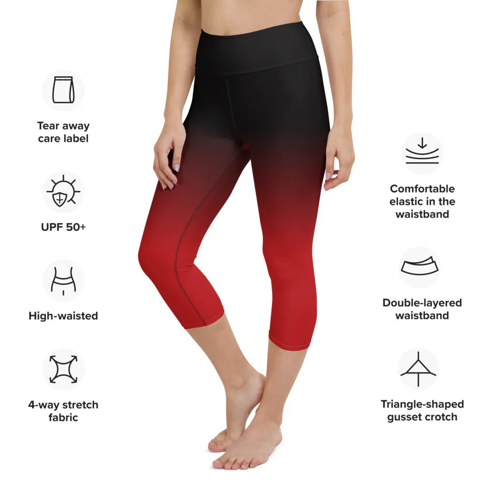 Black Red Ombre Yoga Capri Leggings Women, Tie Dye Cropped High Waisted Pants Printed Workout Fun Designer Tights Gift