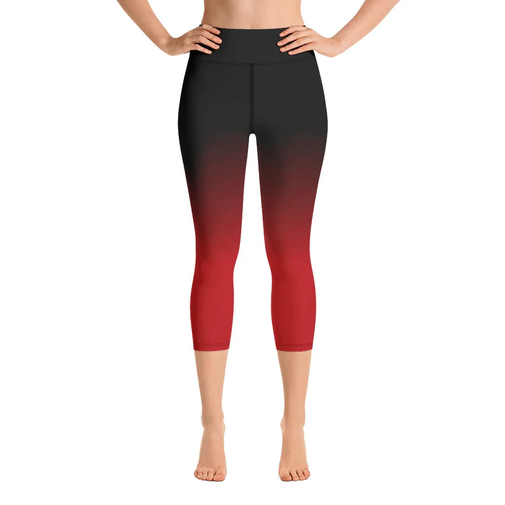 Black Red Ombre Yoga Capri Leggings Women, Tie Dye Cropped High Waisted Pants Printed Workout Fun Designer Tights Gift