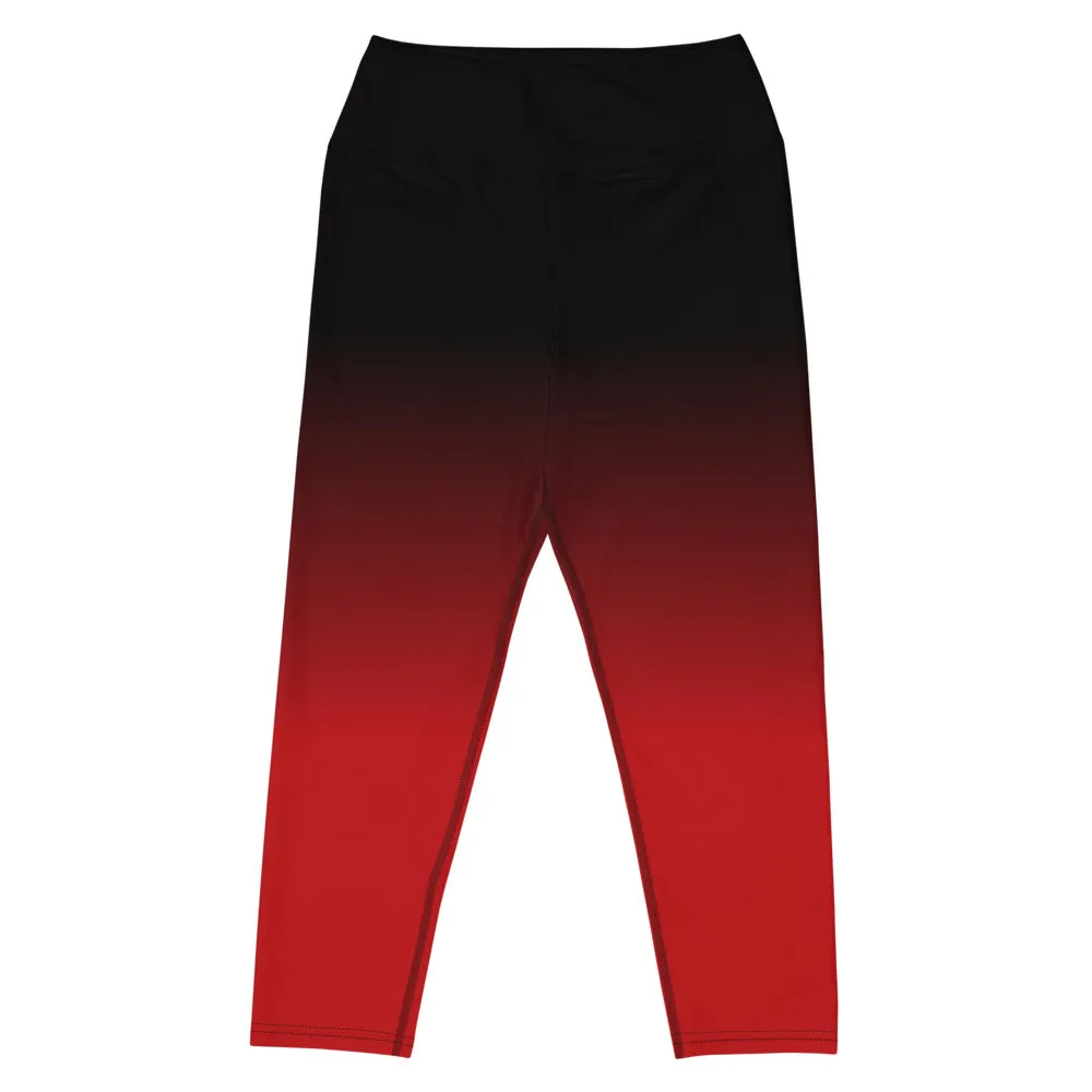 Black Red Ombre Yoga Capri Leggings Women, Tie Dye Cropped High Waisted Pants Printed Workout Fun Designer Tights Gift