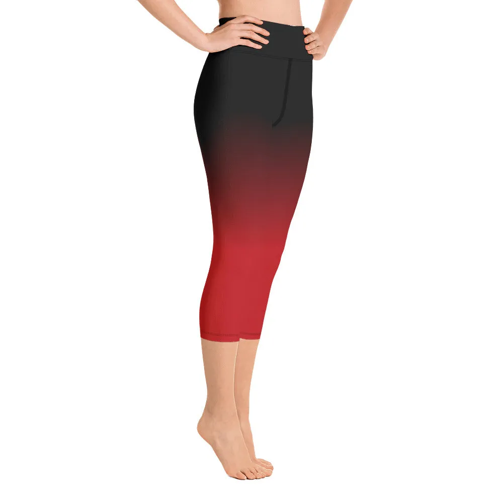 Black Red Ombre Yoga Capri Leggings Women, Tie Dye Cropped High Waisted Pants Printed Workout Fun Designer Tights Gift