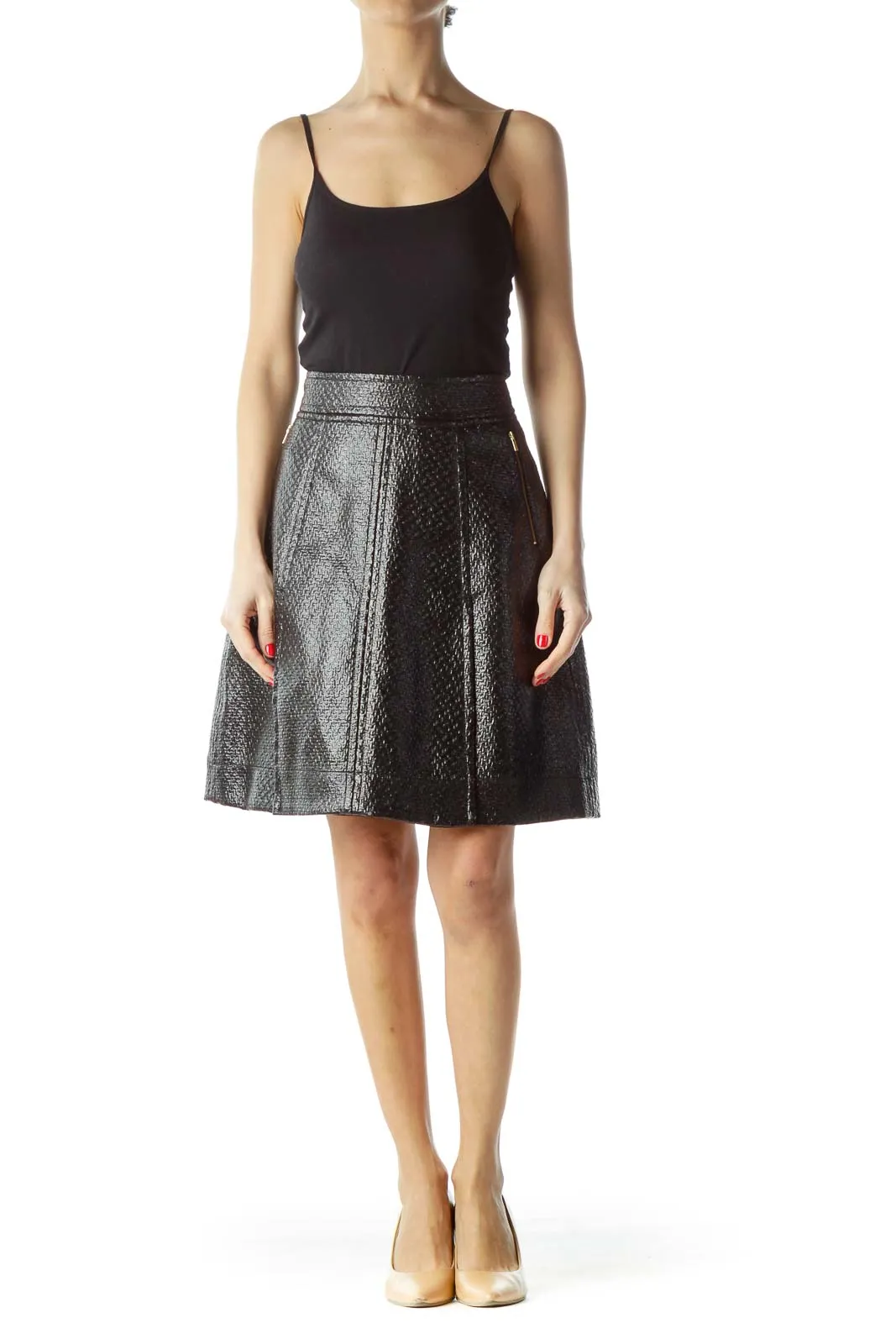 Black Texture Shiny Zippered Pockets A-Line Skirt