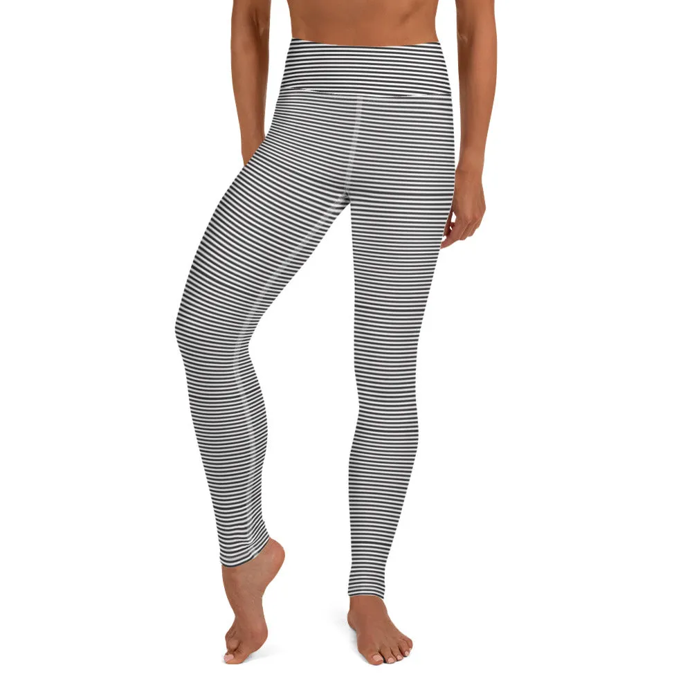 Black White Striped Yoga Leggings, Horizontal Stripes Yoga Pants For Women-Made in USA/EU/MX