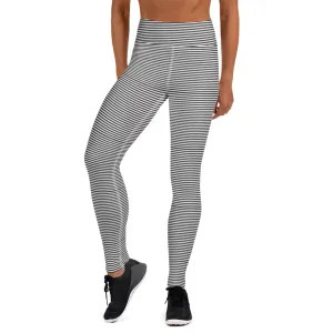 Black White Striped Yoga Leggings, Horizontal Stripes Yoga Pants For Women-Made in USA/EU/MX