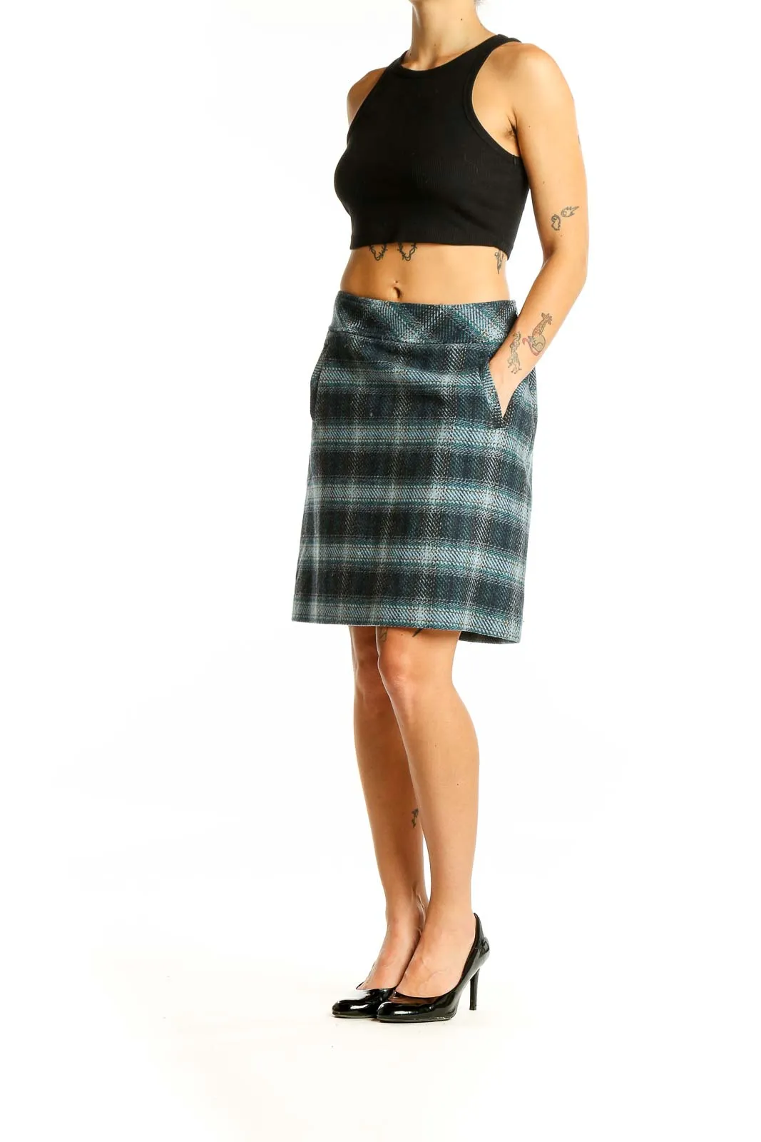 Blue Plaid Wool Blend A-Line Skirt