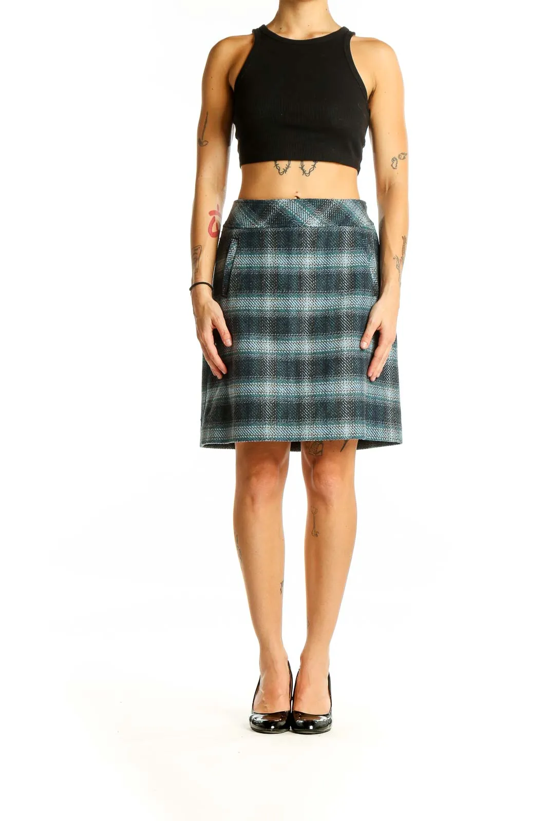 Blue Plaid Wool Blend A-Line Skirt