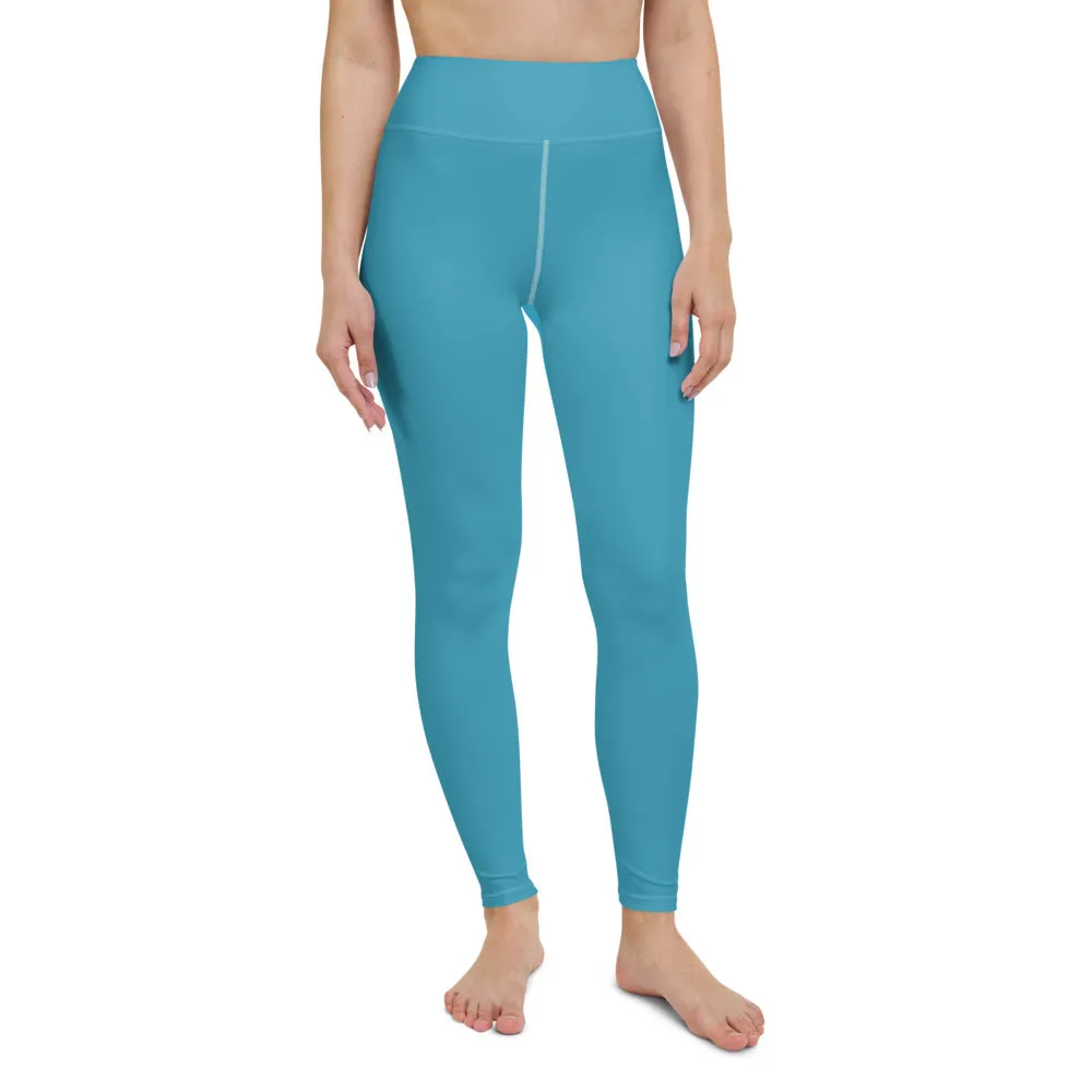 Blue Women's Long Yoga Leggings, Solid Color Blue Women's Gym Tights-Made in USA/EU/MX