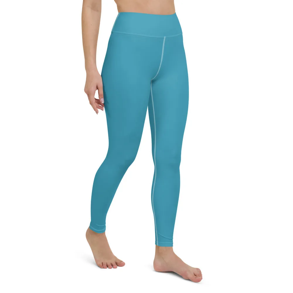 Blue Women's Long Yoga Leggings, Solid Color Blue Women's Gym Tights-Made in USA/EU/MX