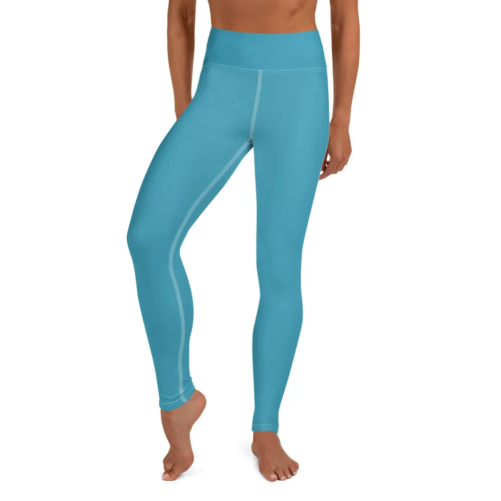 Blue Women's Long Yoga Leggings, Solid Color Blue Women's Gym Tights-Made in USA/EU/MX