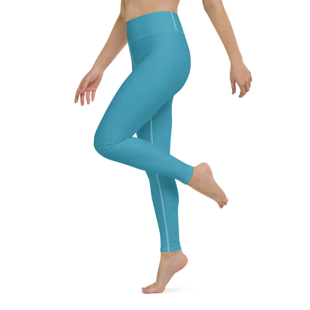 Blue Women's Long Yoga Leggings, Solid Color Blue Women's Gym Tights-Made in USA/EU/MX