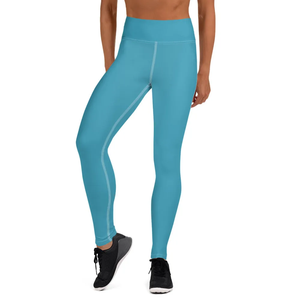 Blue Women's Long Yoga Leggings, Solid Color Blue Women's Gym Tights-Made in USA/EU/MX