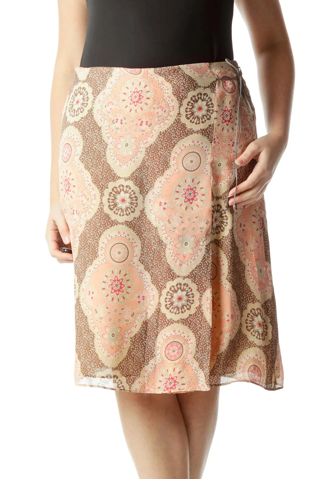 Brown Pink Printed Flare Skirt