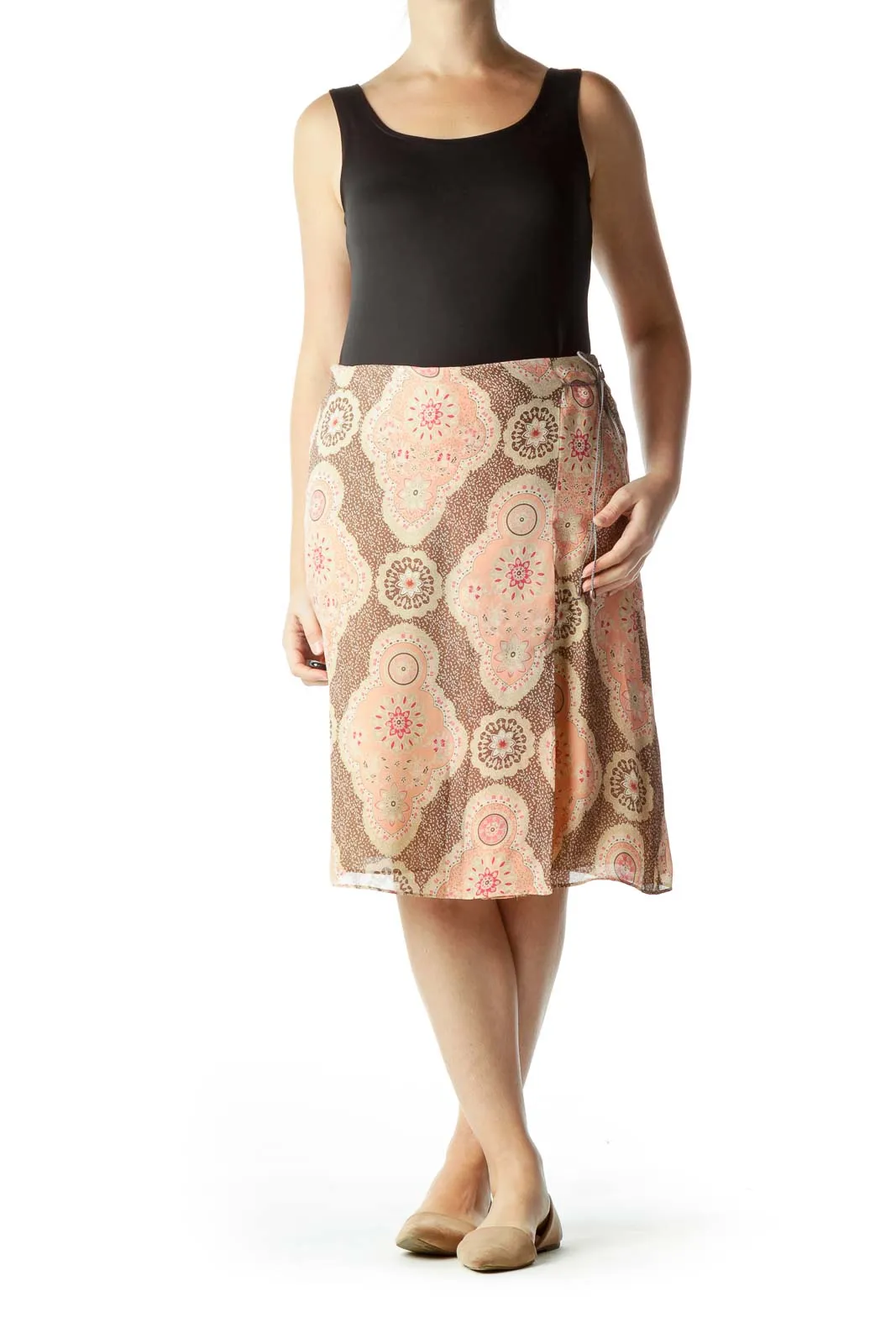 Brown Pink Printed Flare Skirt