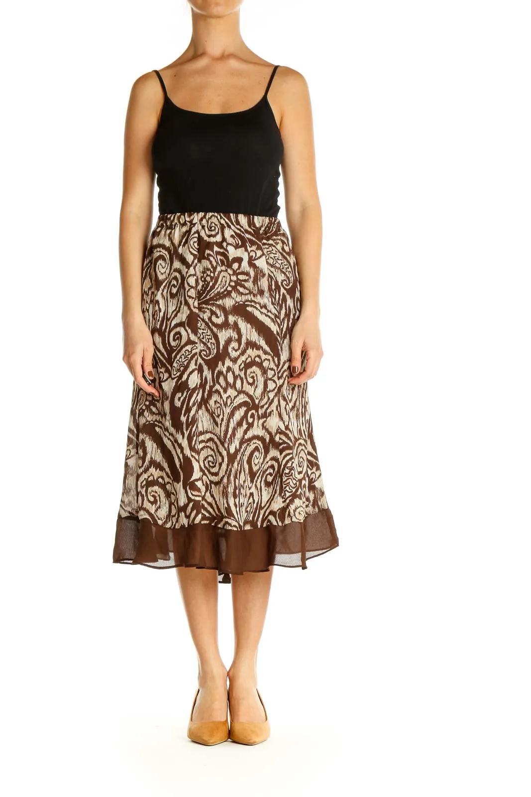 Brown Printed Brunch A-Line Skirt