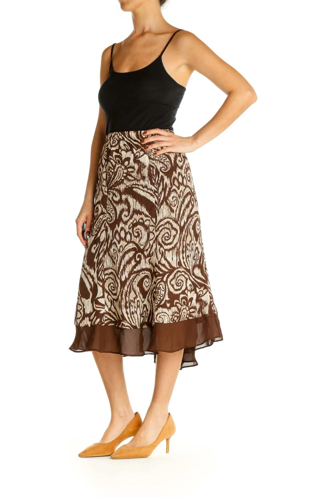 Brown Printed Brunch A-Line Skirt