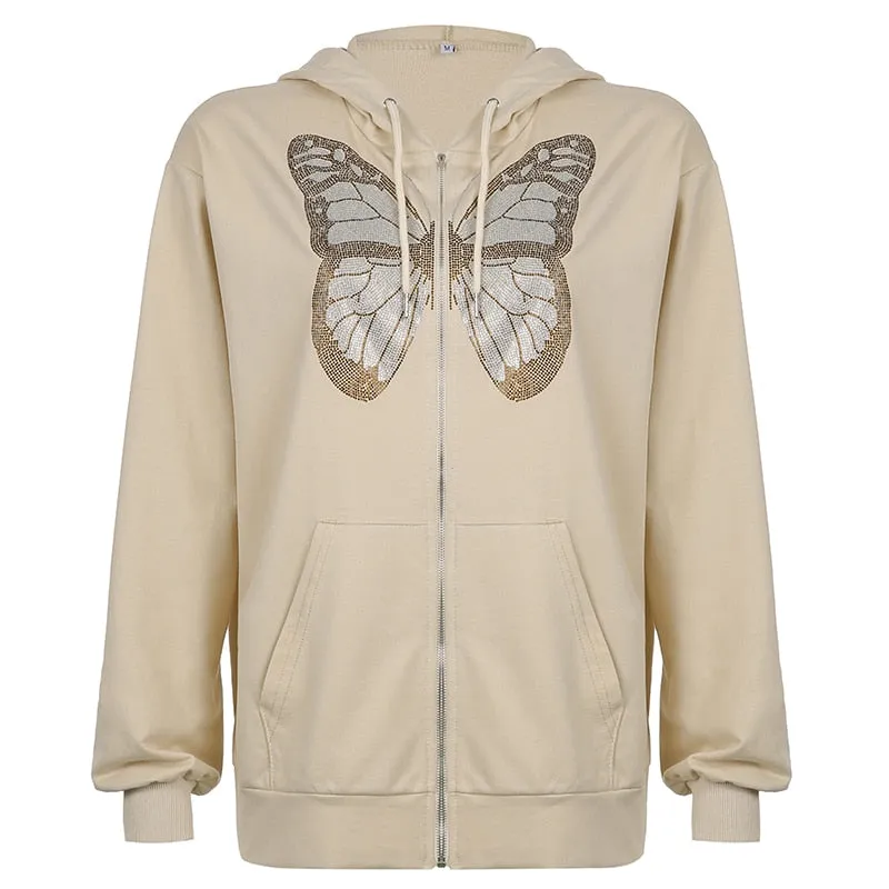 Butterfly Print Zip-Up Women's Casual Hoodie