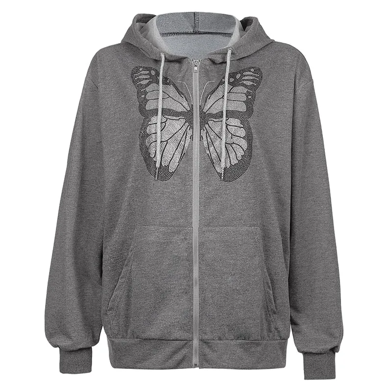 Butterfly Print Zip-Up Women's Casual Hoodie