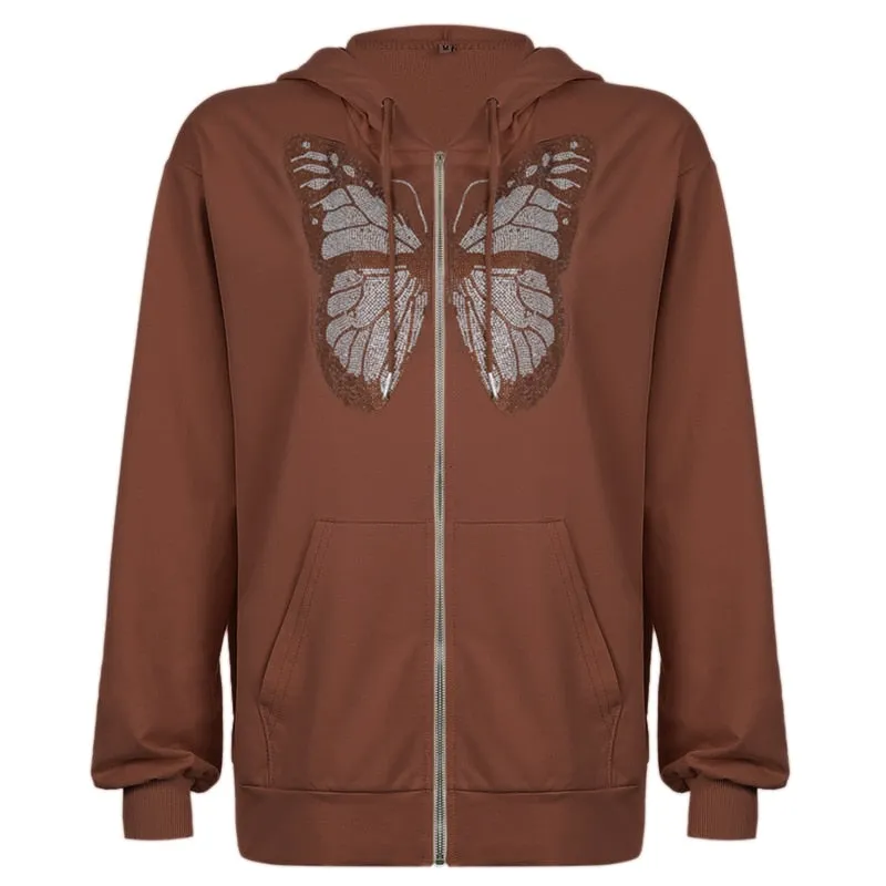 Butterfly Print Zip-Up Women's Casual Hoodie