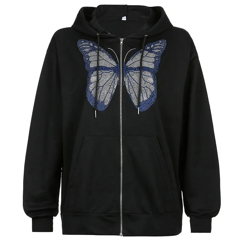 Butterfly Print Zip-Up Women's Casual Hoodie