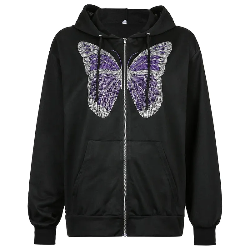 Butterfly Print Zip-Up Women's Casual Hoodie