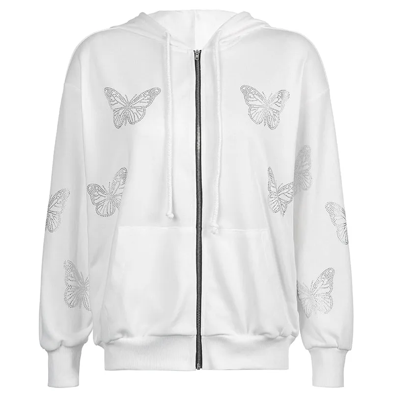 Butterfly Print Zip-Up Women's Casual Hoodie