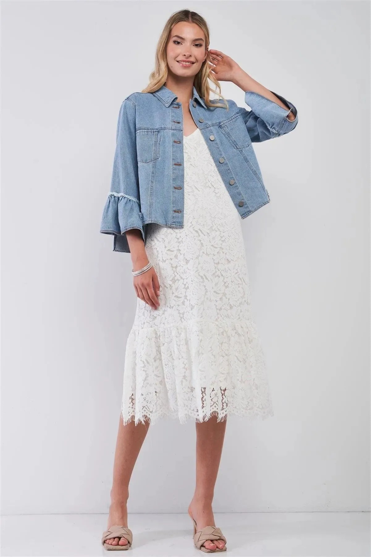 Button Up Ruffle Sleeve Detail Denim Jacket