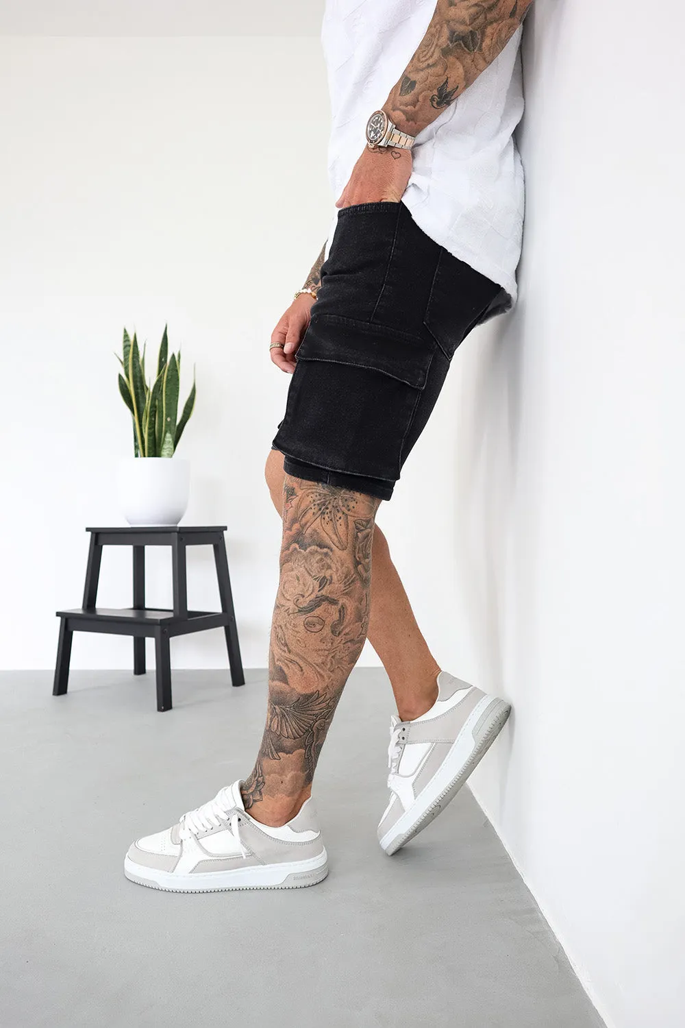 Cargo Utility Denim Shorts - Black