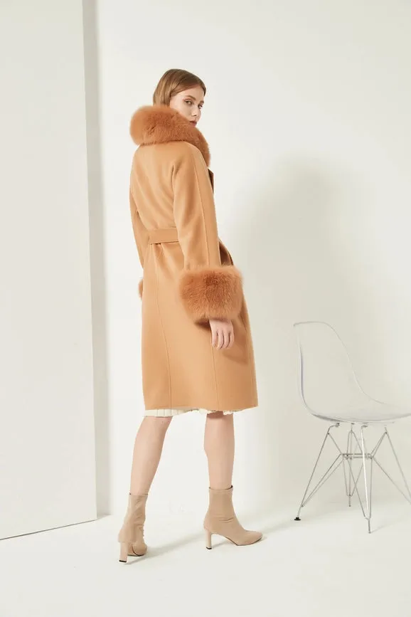 Cashmere Coat with Detachable Fur Collar & Cuffs Camel