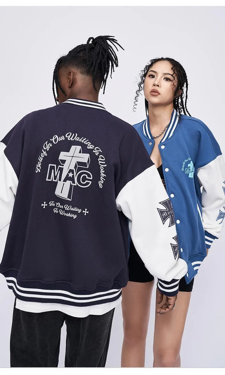 Contrast Color Loose Printed Baseball Jacket - Winter Streetwear Style