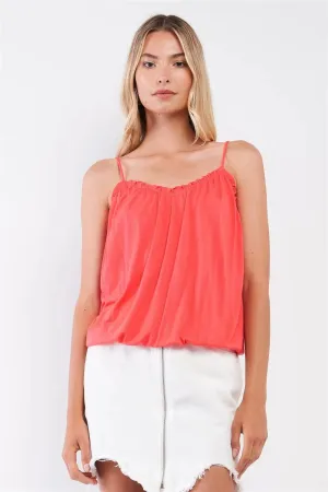 Coral Sleeveless Frill Trim Round Neck Relaxed Cami Top /2-1-2-1