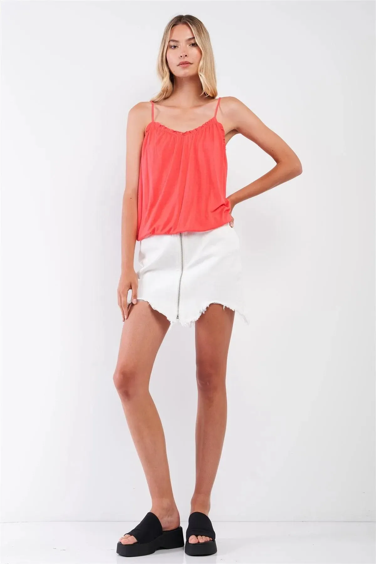 Coral Sleeveless Frill Trim Round Neck Relaxed Cami Top /2-1-2-1