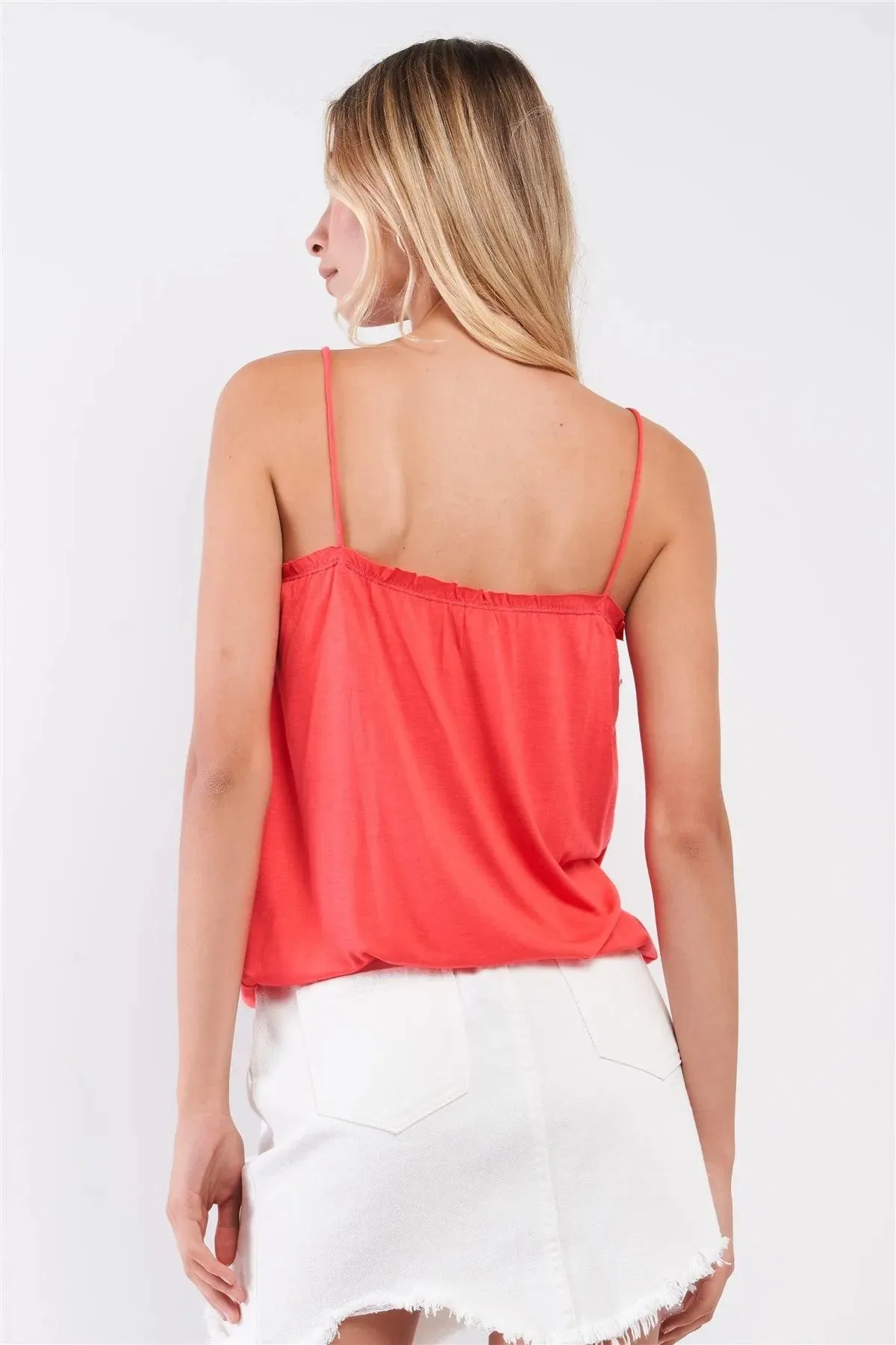 Coral Sleeveless Frill Trim Round Neck Relaxed Cami Top /2-1-2-1